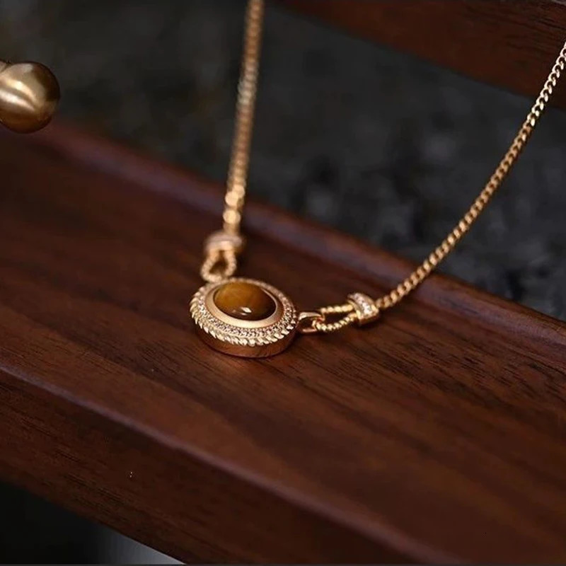 Exquisite Oval Tiger Eye Stone Pendant 18k Gold Plated Spaghetti Chain Women Necklace Daily Wear Jewelry Accessories 251023