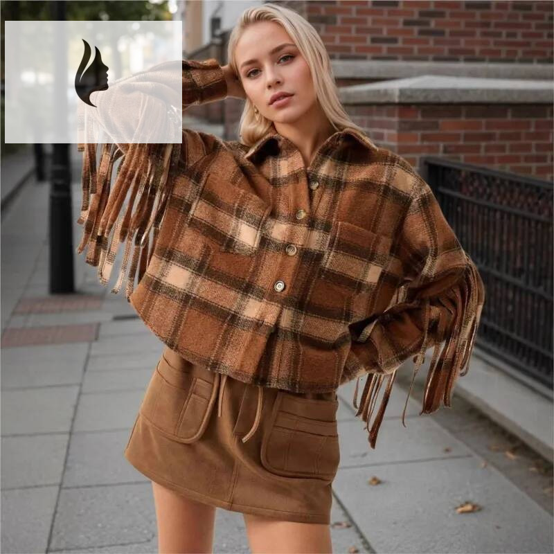 winter jacket women Fashionable lapel pocket long sleeved tassel single breasted woolen short autumn and winter womens temperament elegant coat