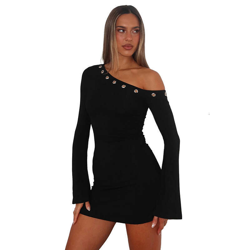 Women's Autumn Winter New Solid Color Asymmetrical Neck Hollow Out Ring Flared Long Sleeve Off Shoulder Dress