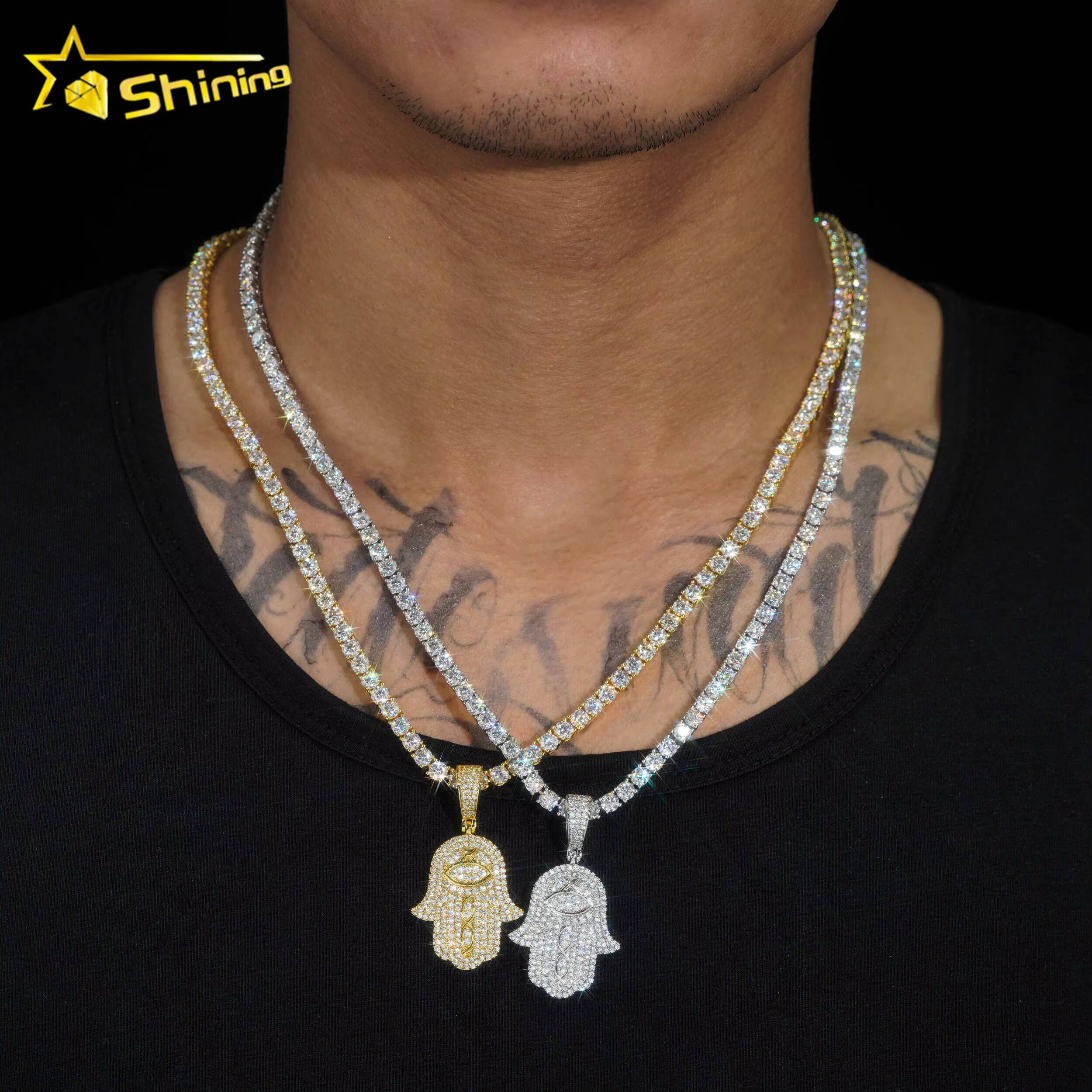 New Arrival Hip Hop Jewelry 18k Gold Plated Brass Pendants 5a Moissanite Diamond Hamsa Hand Charm Pendants with Tennis Chains