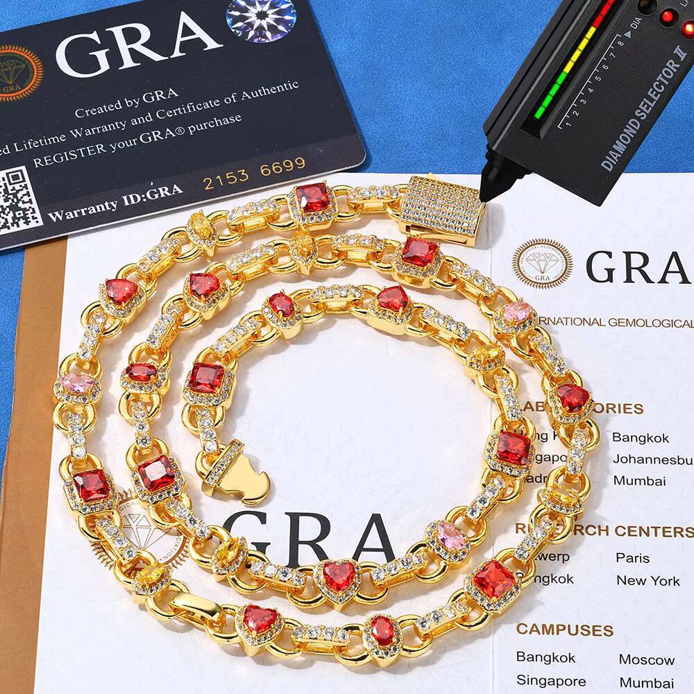 NUOYA Hip Hop New Style Link Chain 925 Silver VVS Moissanite Necklace 10MM Geometric Shape Design Red Zircon Women Jewelry