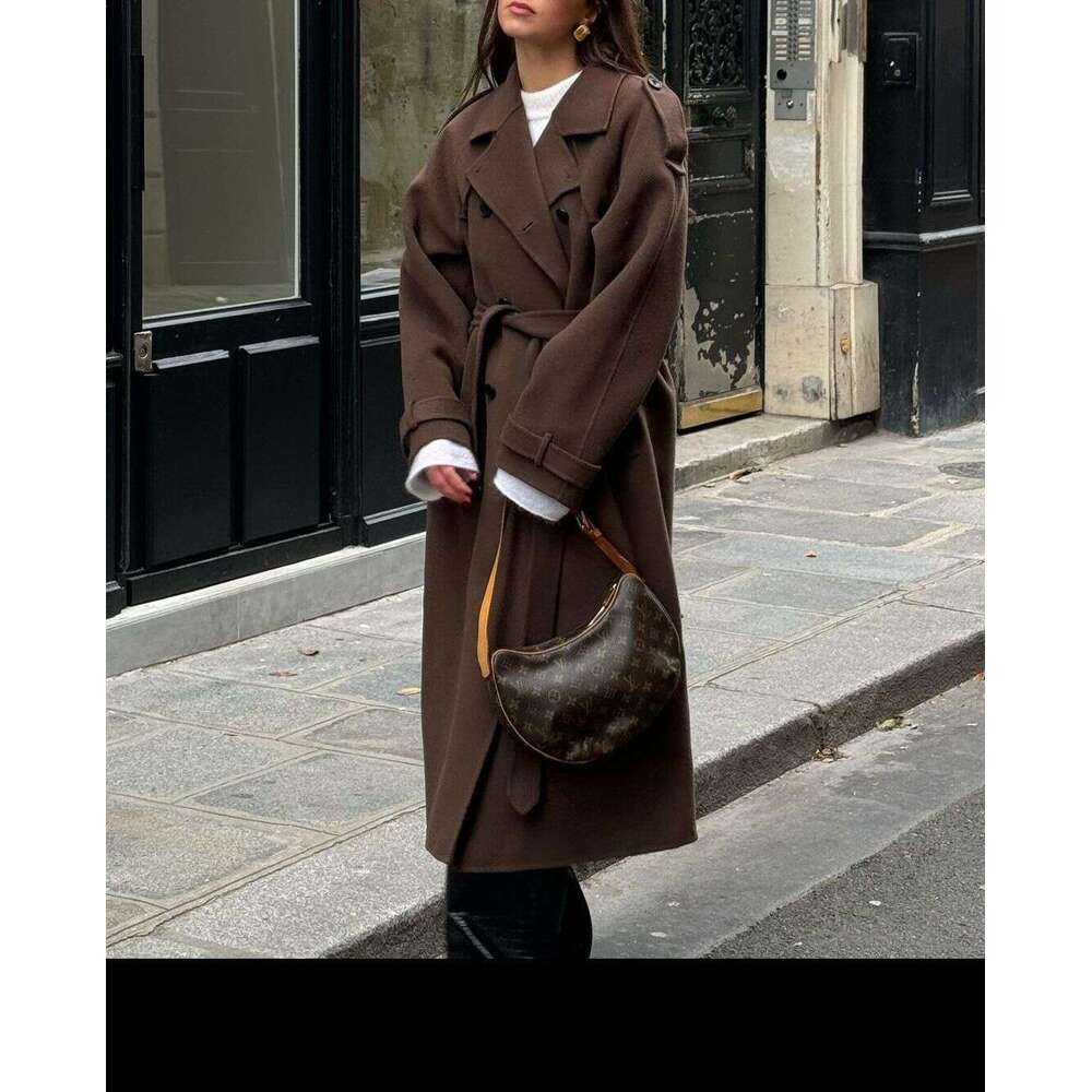 Elegant With Belt Black Long Coat For Women Oversize Woolen Double Button Lapel Overcoat Autumn New Lady High Street Outerwear