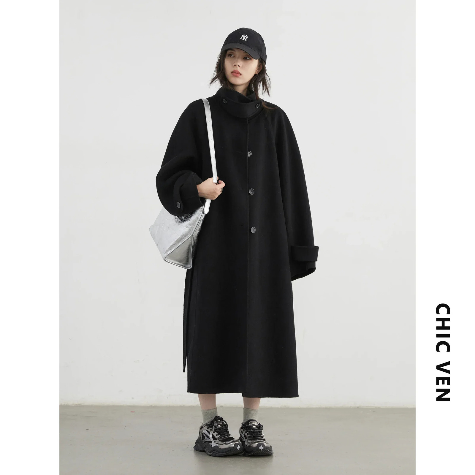CHIC VEN Korean Women Woolen Coat Single Breasted Loose Stand Collar Belt Long Doublesided Ladies Overcoat Autumn Winter 251027