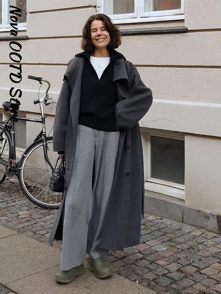 Elegant Solid Lace Up Long Woolen Coat Women Stand Collar Single Breasted Retro Coats Autumn Winter Lady Allmatch Outwears 251024