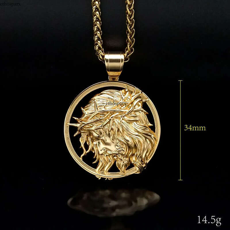Stainless Steel Jesus Face Pendant Necklace Gold Plated Men Religious Jewelry