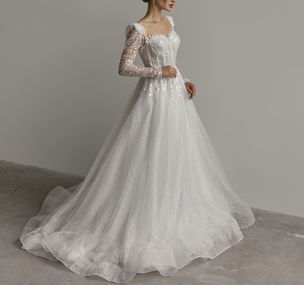 Classic A Line Women Wedding Dress Sheer Neck Long Sleeves Bridal Gowns Sequins Pearls Appliques Sweep Train Dress Custom Made vestidos de novia