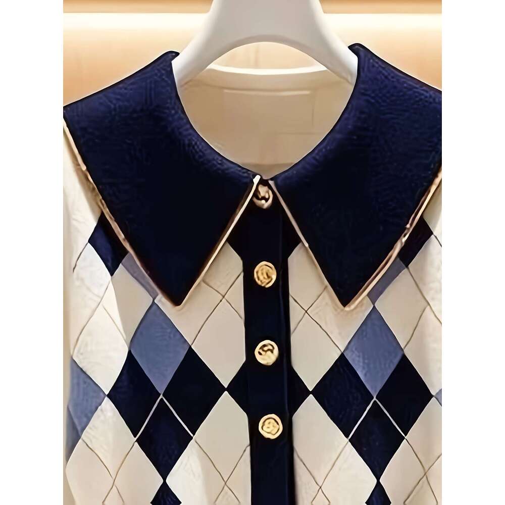 Elegant Blazer Elegant Women's Tailored Blazer Navy & White Contrast, Golden-Tone Buttons, Dia-Patterned, Hine Washable, Structured Collar For