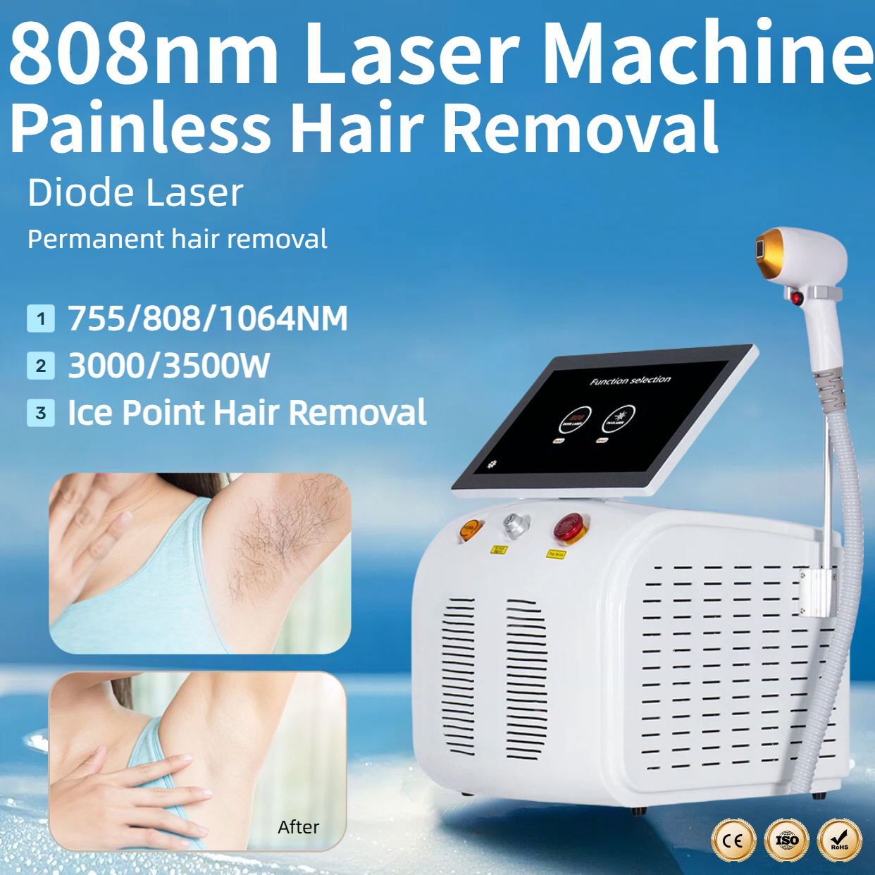 Diode Laser Hair Removal Machine 808nm Laser 3 Wavelengths Alexandrit Permanent Painless Physical Underarm Body Care Depilation Equipment 755/808/1034