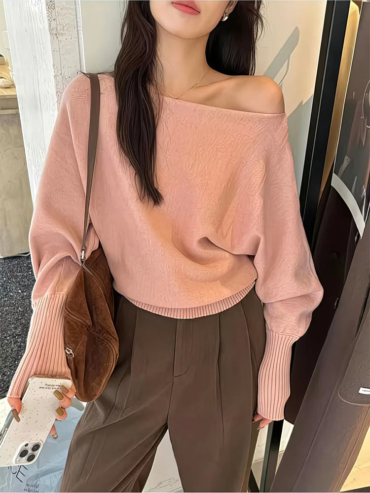 Batwing Long sleeve Knitted Pullover Women 300g Thick Off shoulder Top Korean Fashion Sweater Loose Casual Autumn Outwear Pull 251027