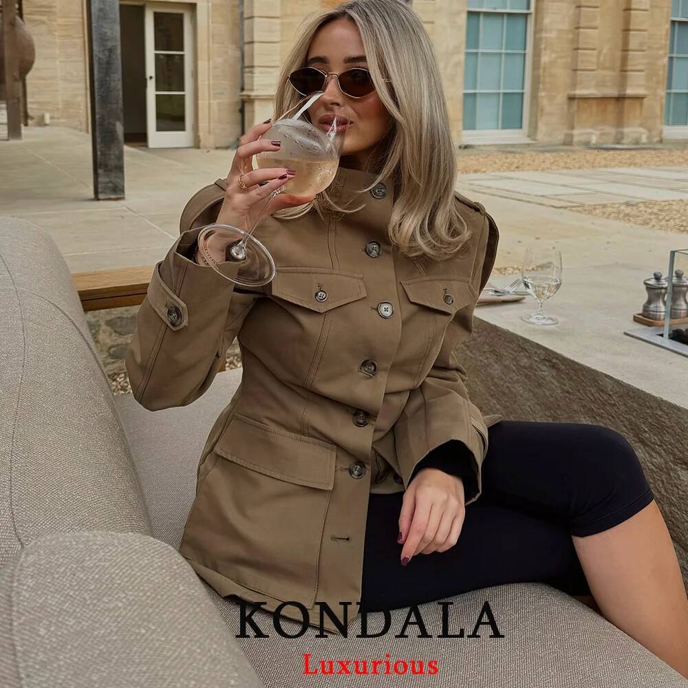 winter jacket women KONDALA Office Lady Trench Jackets Women Long Sleeve Buttons Pockets Chic Khaki Coats Fashion 2025 Slim Straight Fall Outwears