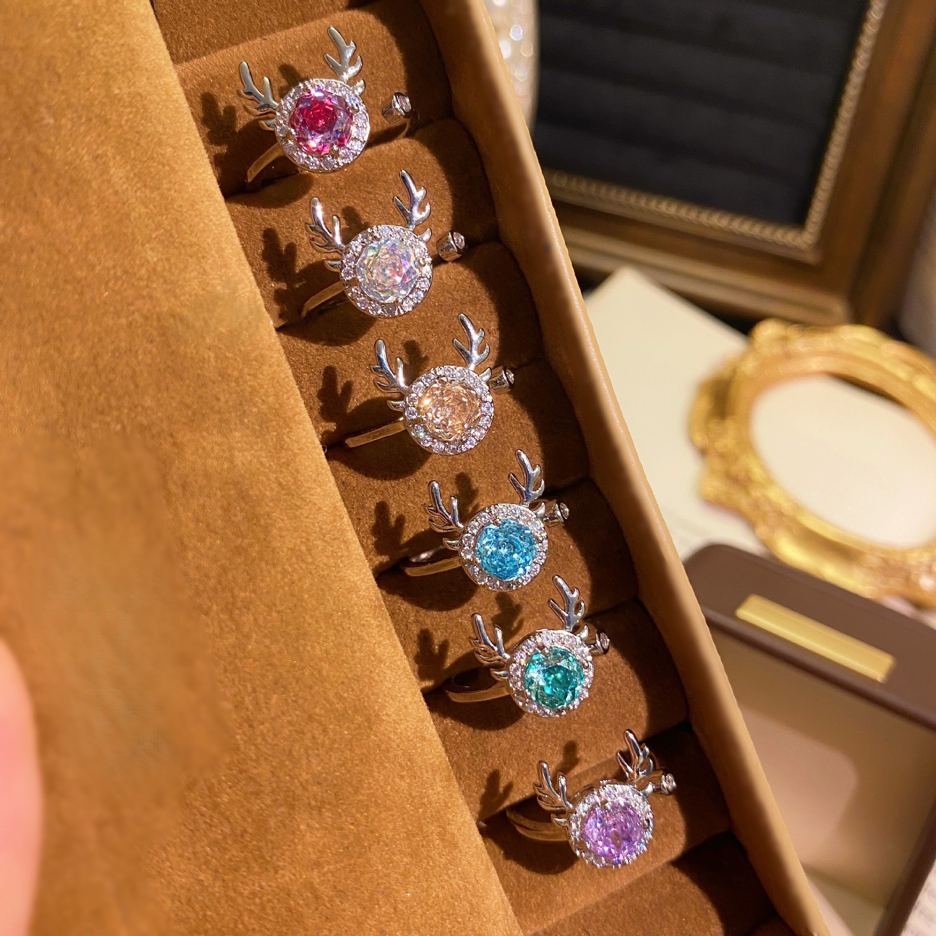 TaiYang New Millennium Rose Cut Reindeer Ring, Octagonal Aqua High-Carbon Zirconia Antler Design in Gold Plated Copper For Women