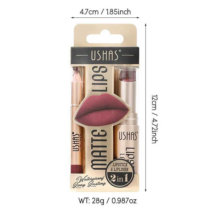2 In Lipstick Set Makeup Matte Lipstick Lip Liner Pencil Waterproof Lasting Cosmetics Nude Brown Contour Tinted Lip Balm Kit W251027