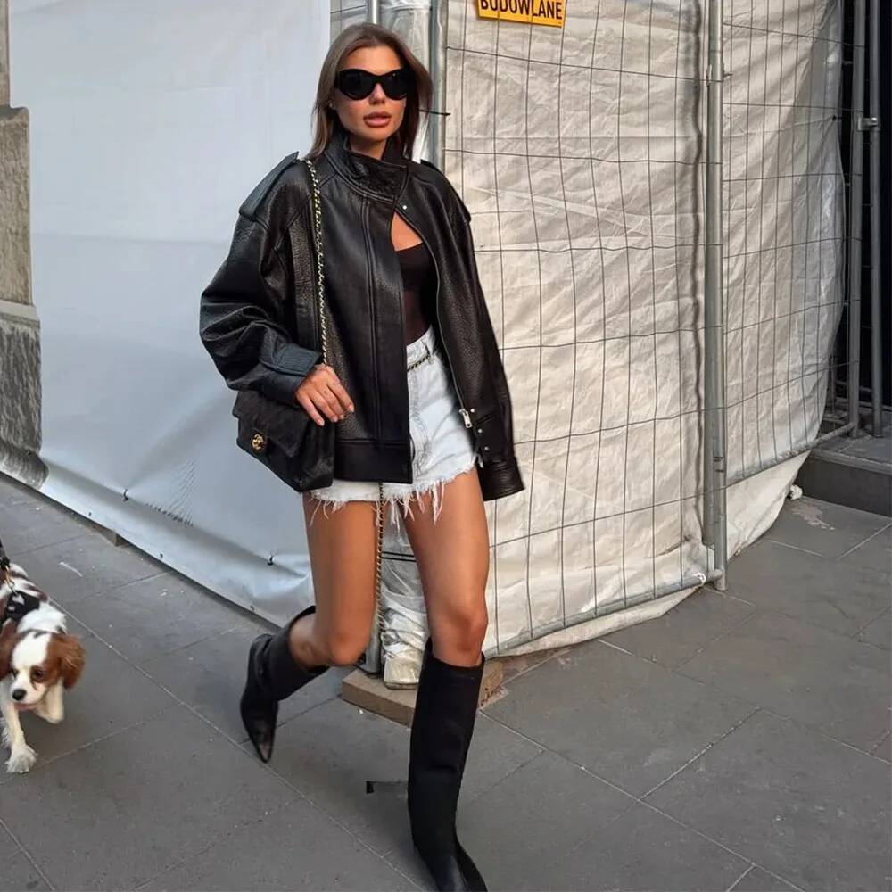 winter jacket women KONDALA Chic Black Leather Zipper Buttons Oversized Coats Fashion 2025 Fall Winter Streetwear Outwears Bomber Jackets