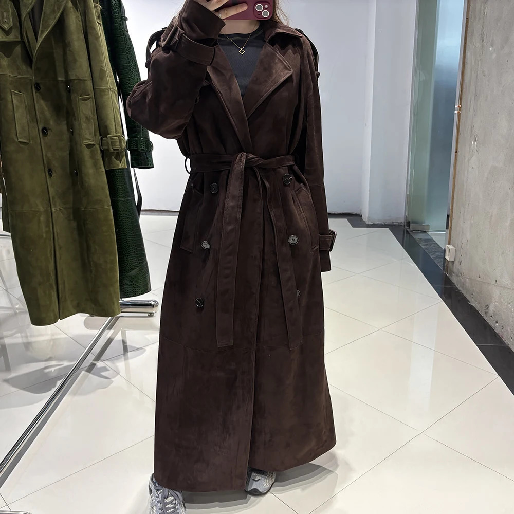 YOLOAgain Double Breasted Suede Jacket Coat Women Real Leather Trench 251027