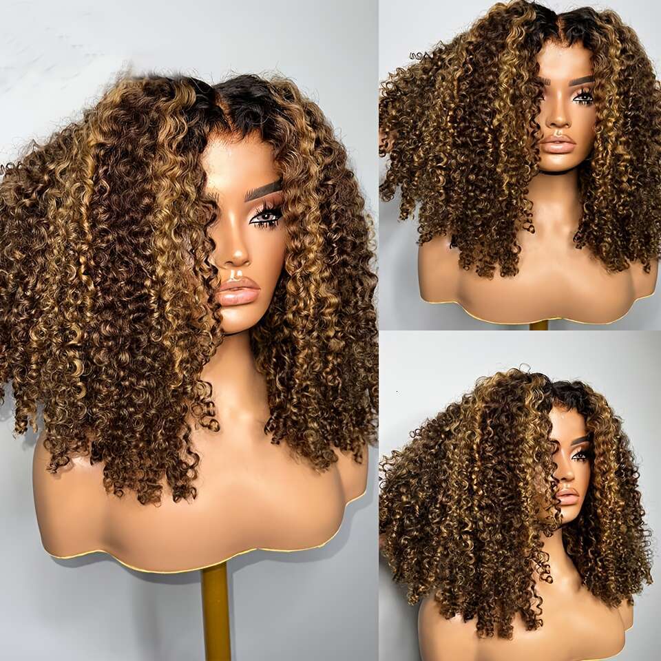 Women's Soft 16" Long Highlight Blonde Kinky Curly Lace Front Wig - 180 Density Preplucked Hairline, Heat Resistant Synthetic Hair, Elegant 