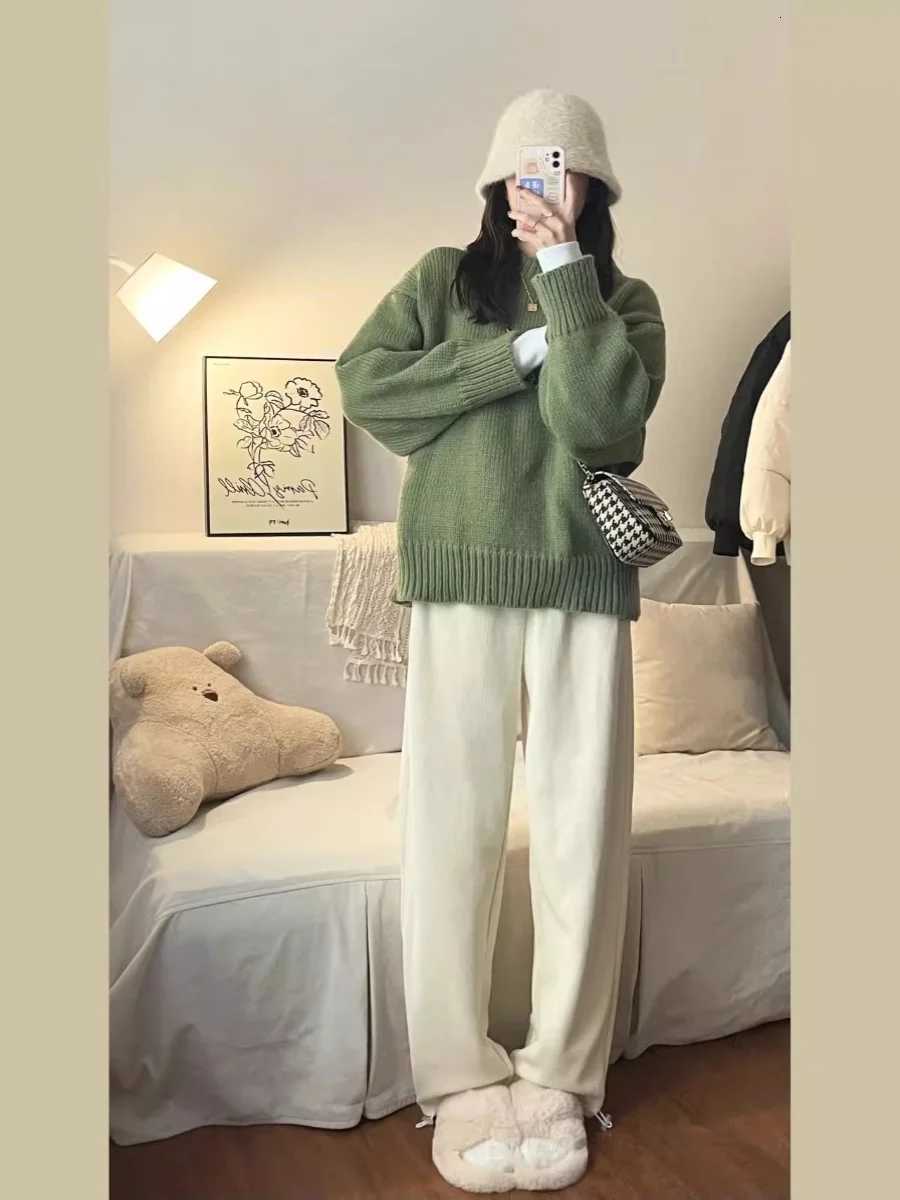 New ONeck Loose Green Pullover Sweater For Women Autumn Winter Thick Retro Japanese Lazy Style Interior Bottom Knitted TopT251027