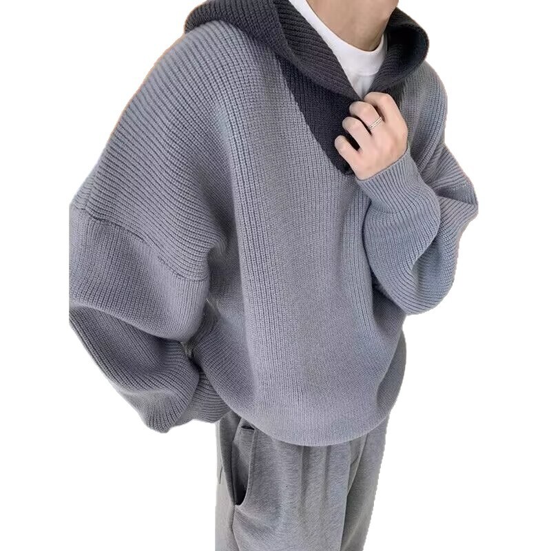 Autumn Winter Color-block V-neck Hooded Designer Sweater Knit Sweater Men's Lazy Style Trendy High Street Pullover Simple Sweater Jacket