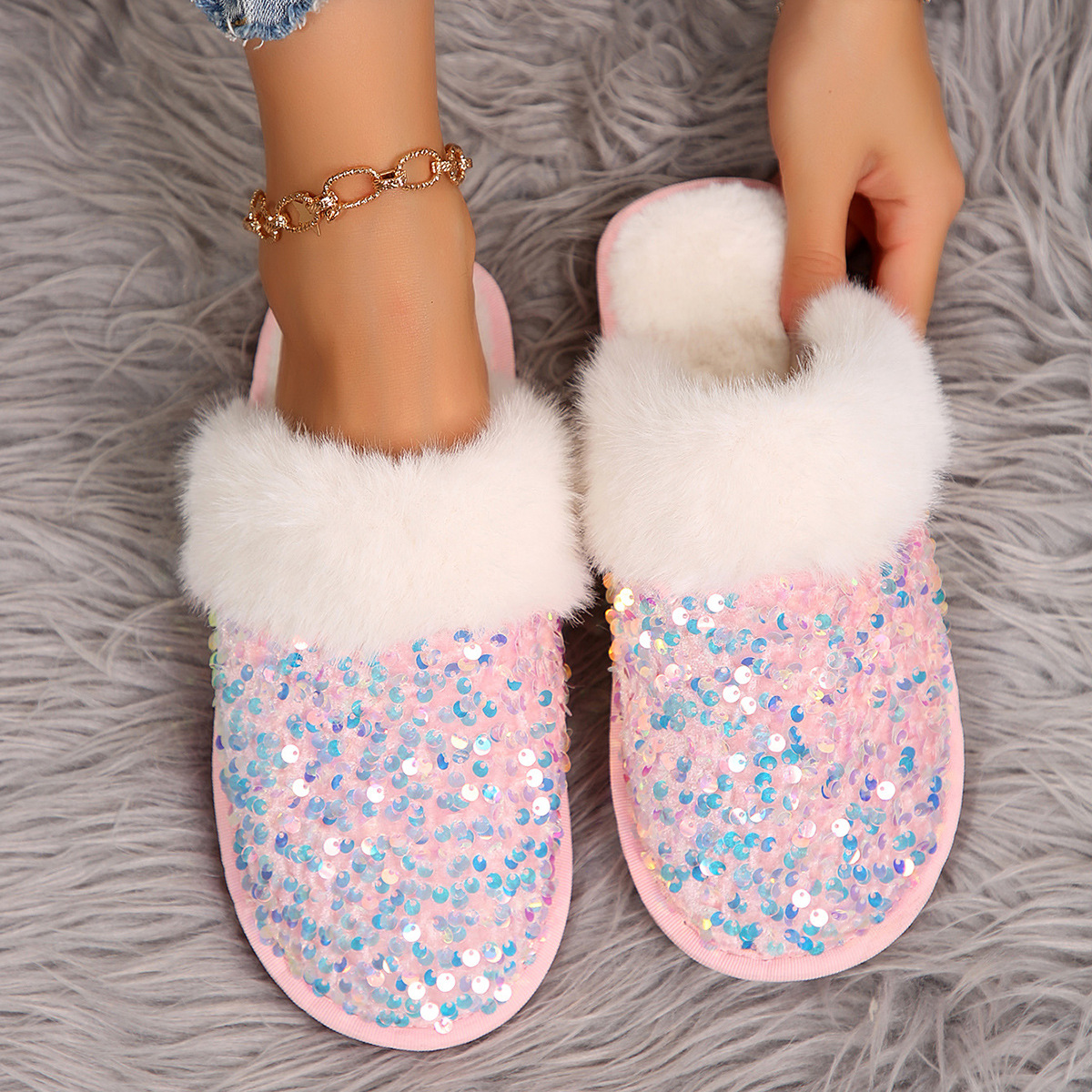New Warm Comfortable Home Couples Cotton Slippers Sequins Fashion Plush Slipper Black Pink