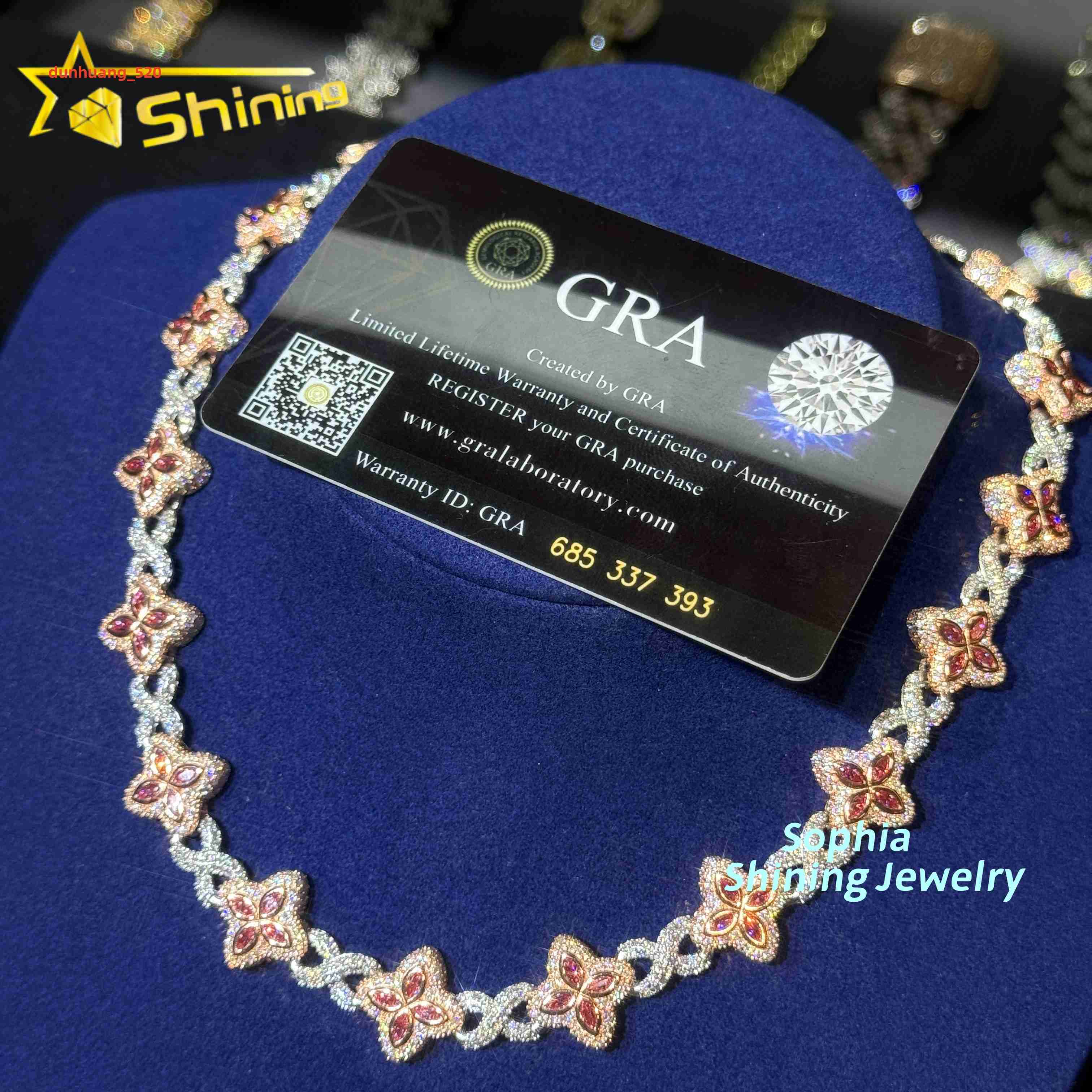 Unique Hip Hop Jewelry 15mm Fashion Clover Design VVS Pink Moissanite Diamond Custom 925 Silver Iced Out Infinity Cuban Chain