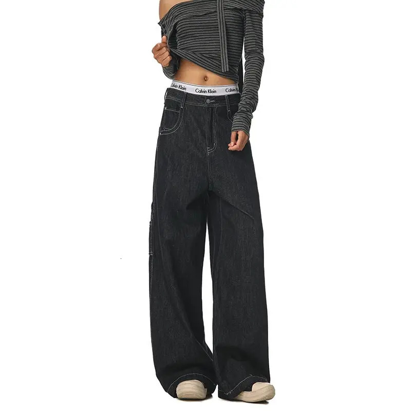 Chic Autumn Winter Vintage High Waist Embroidery n Versatile Cargo Jeans Straight Wide Leg Biker Pants Womens Y2k Clothing 251027