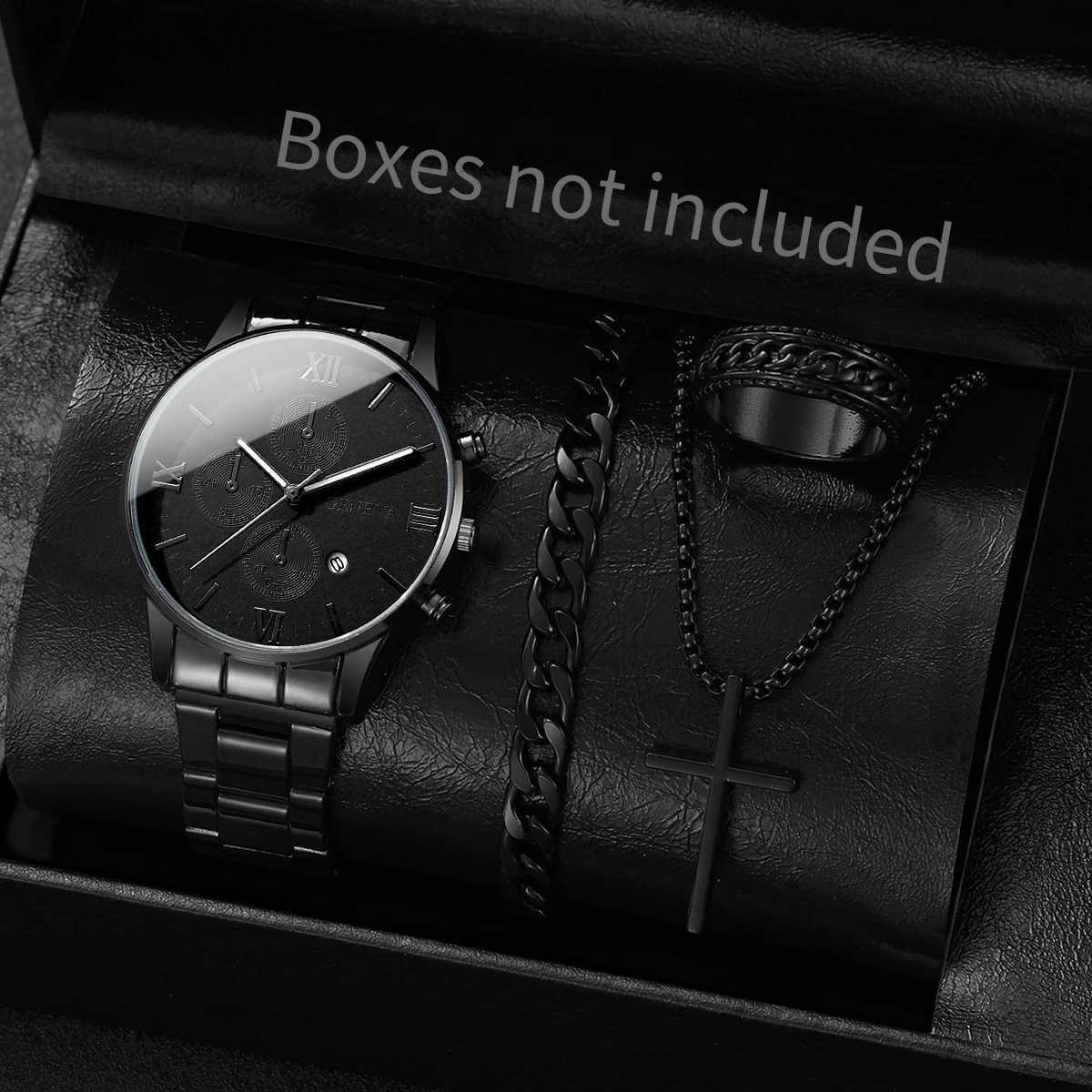 4PCSSet Luxury Men Business Watches Fashion Roma Dial Calendar Quartz Watch Jewelry Set Reloj HombreWithout BoxT251027