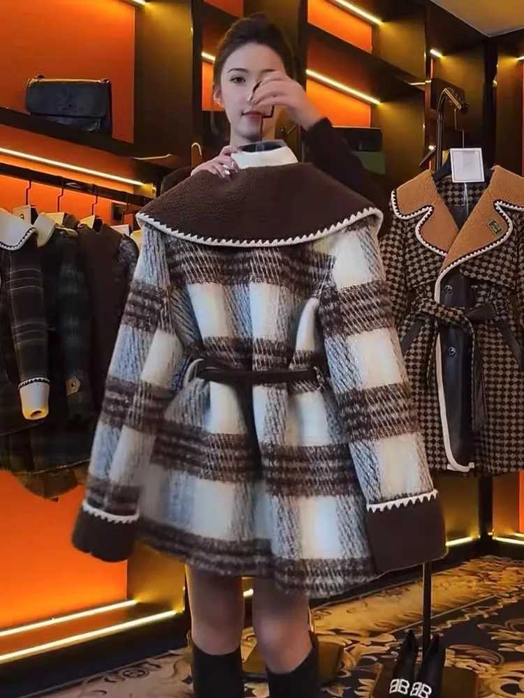 Cotton Padded Lined Plaid Woolen Coats Spliced Korean Fashion Elegant Woolen Jackets Abrigos Tops Vintage Women Veste Outerwears M251027