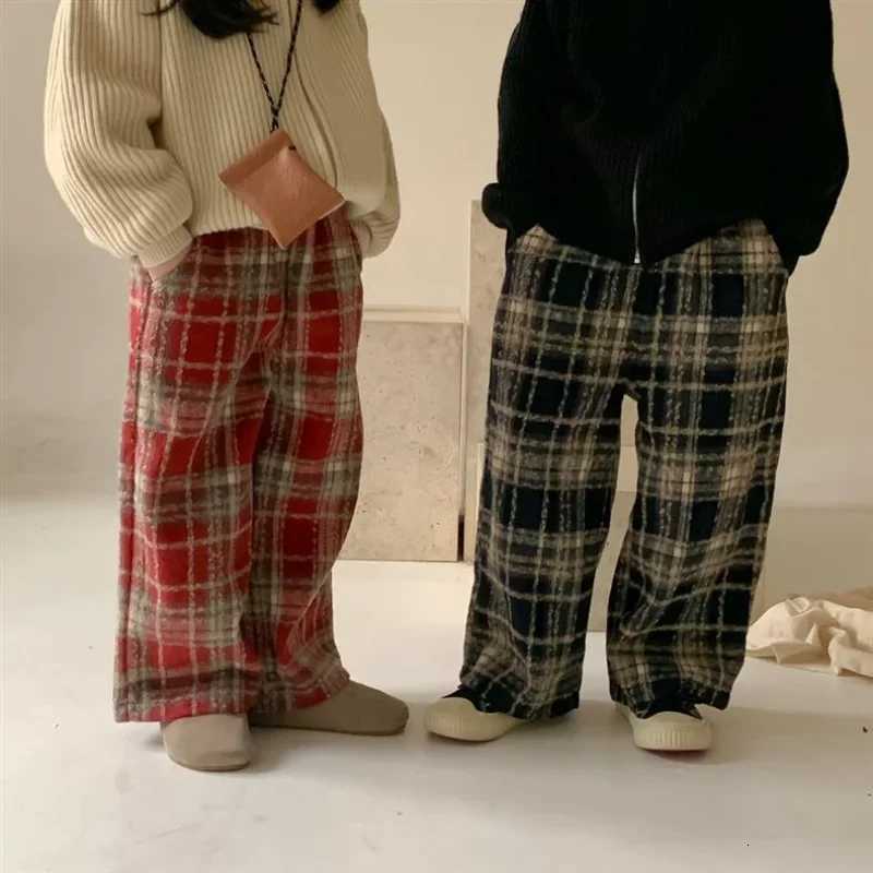 Kids Plaid WideLeg Wool Pants Boys Girls Winter Clothes Warm Autumn Winter BottomsT251027