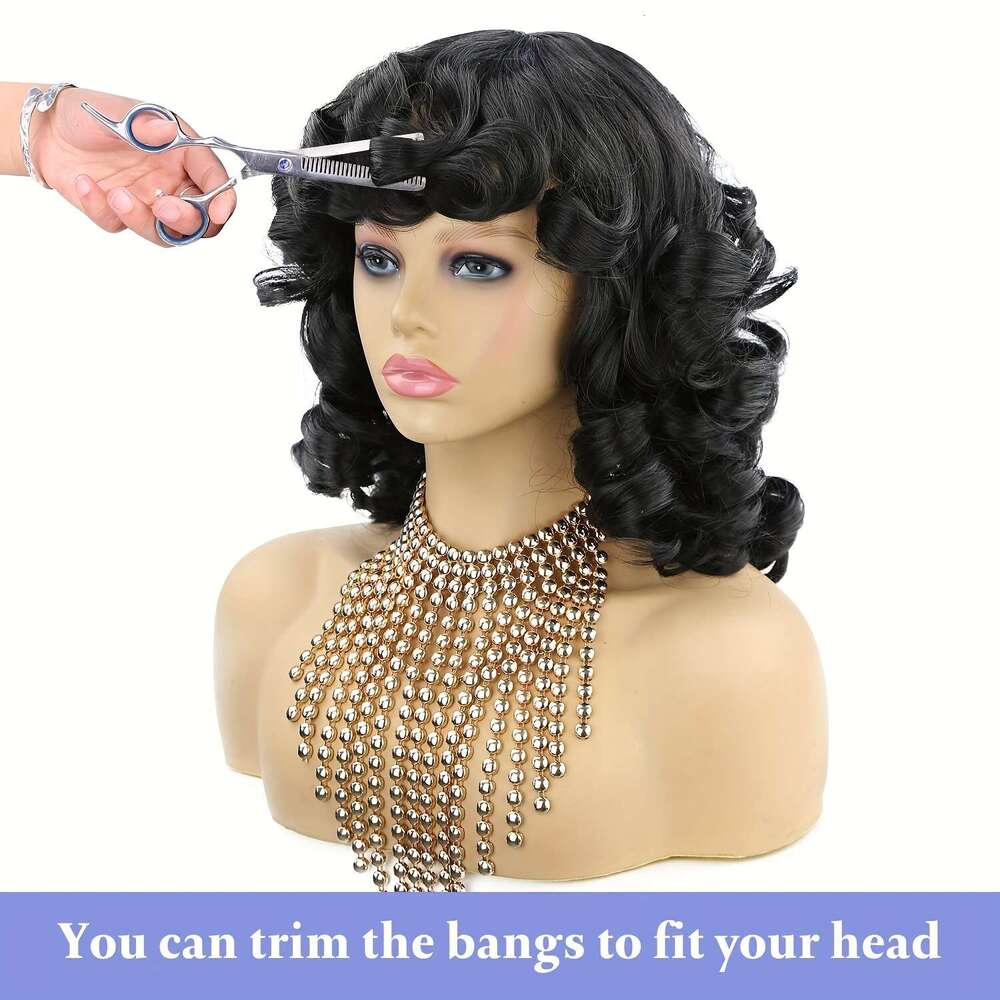 Short Wigs Black Soft, Big Bouncy Fluffy Curly With Bangs Afro Kinky Curls Heat Resistant Natural Looking Synthetic Wig For African American Women - S