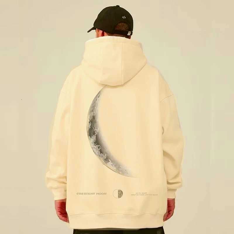 M8XL Men Oversized Pullover Hoodie Fashionable Loose American Retro Crescent Print Long Sleeved Couple Outfit W251027