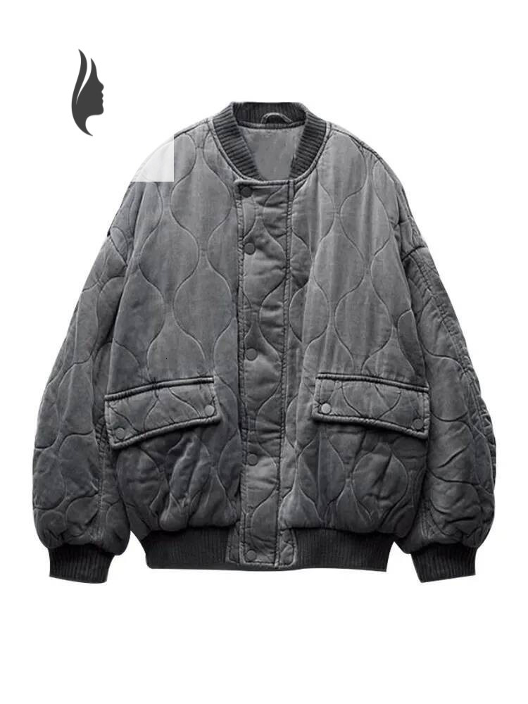 winter jacket women Women's Round Neck Aviator Coat Warm Loose Cotton Zip With Button Grey Fashion Vintage Jacket435