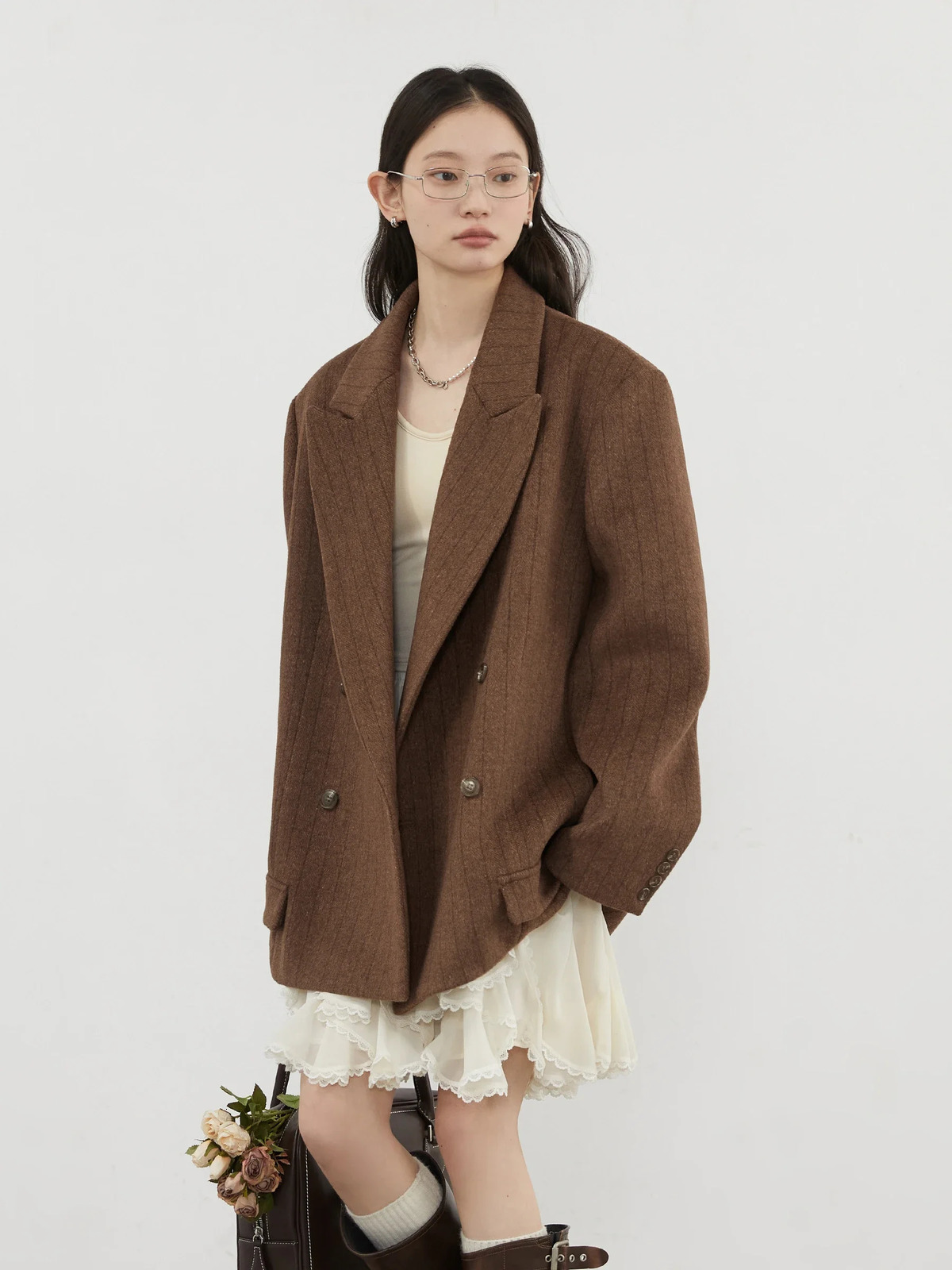 CHIC VEN Women Woolen Blazer Loose Vintage V Neck Female Jacket Suit Double Breasted Office Ladies Coat Spring Autumn 251027