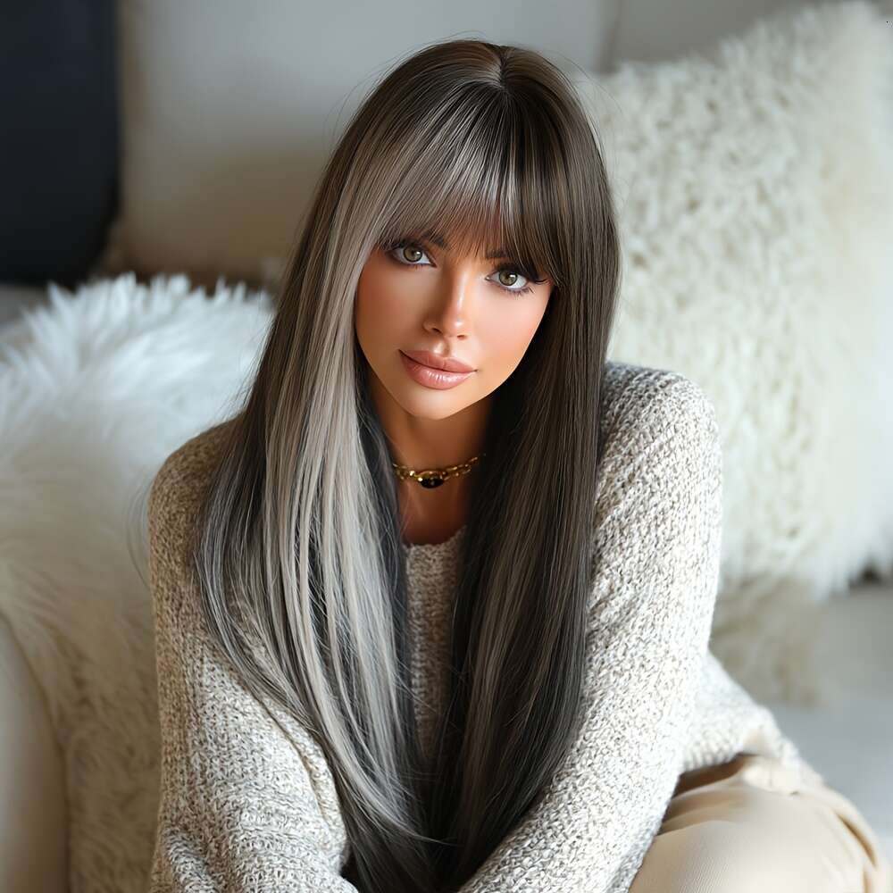 7Jhh WIGS Coffee Brown Heat Resistant Synthetic Hair, Natural Look For Everyday, Parties, Halloween Voluminous Straight Hairstyle With Rose Net Cap Wo