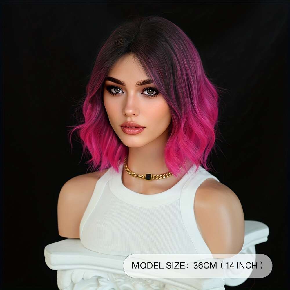 NAMM Women's Short Black To Pink Purple Ombre Wig - Heat-Resistant Synthetic Hair With Bangs & Layered Bob Cut, Glueless Cosplay Costume Wigs For