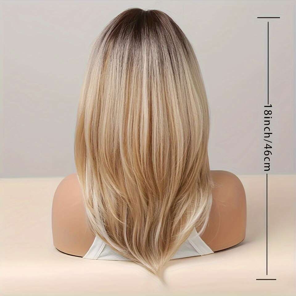 18-Inch Blonde Layered Wig With Bangs - Chic Women's Curly Wave Synthetic Hair, Dark Roots, Rose Net Cap, High-Temperature Fiber