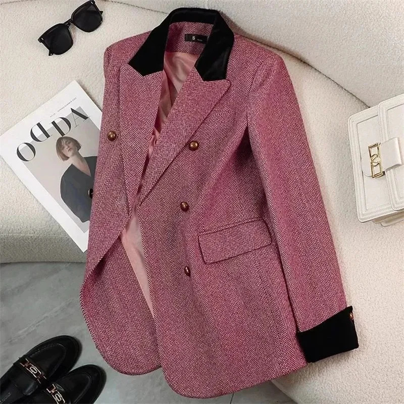 Womens Office Woolen Suit Jacket for women Autumn Winter Chic gray Herringbone pattern Female Thick Casual Coat 251027