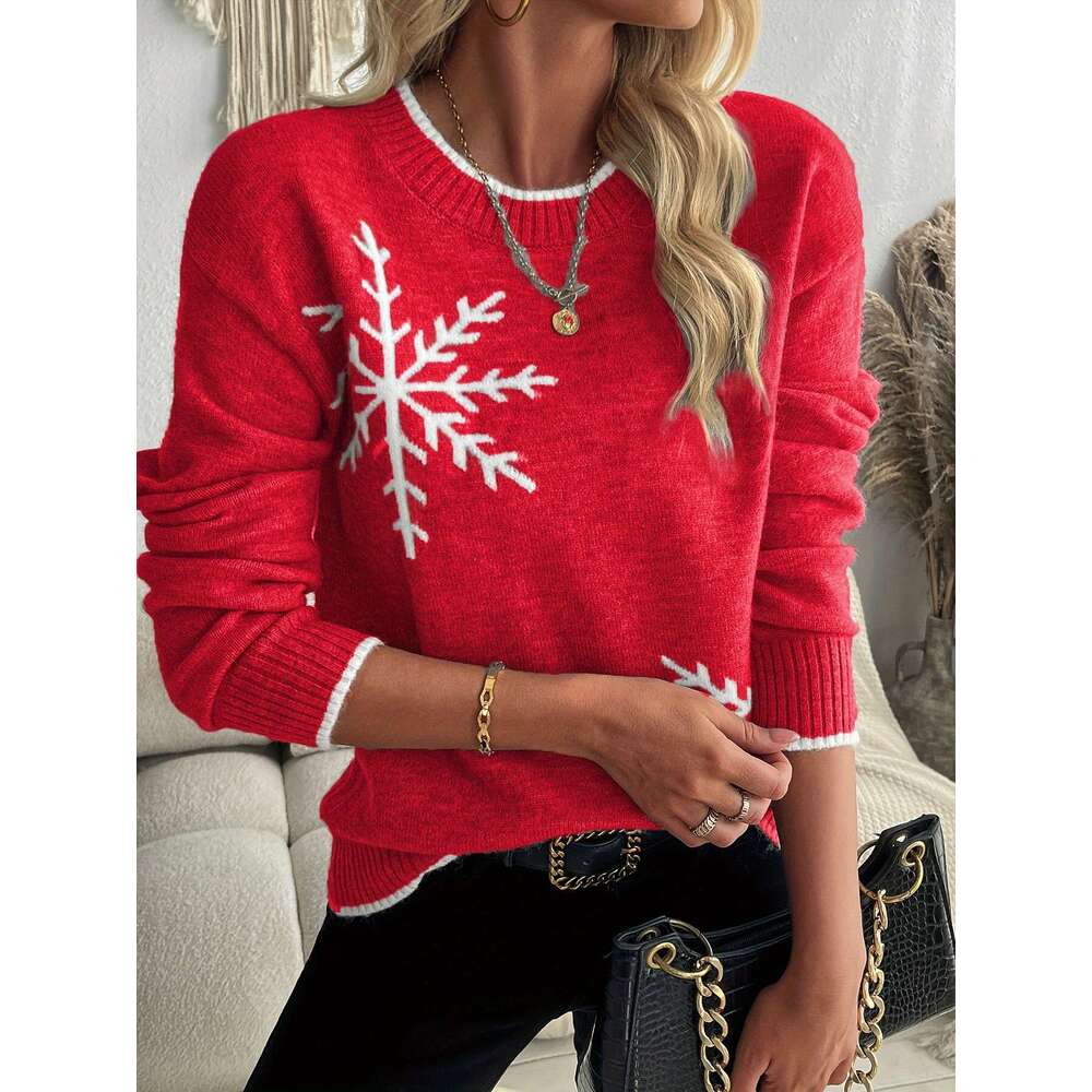 European American Autumn And Winter Pullover Knitted Sweater With Snowflake Jacquard, Round Neck Women's Top.
