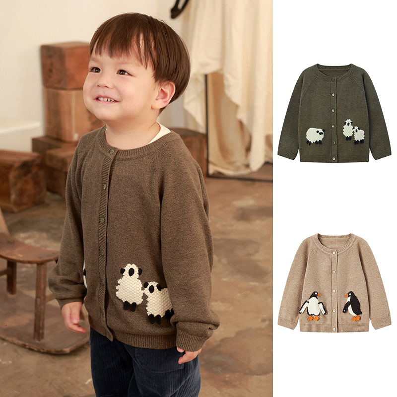 New autumn and winter children's cardigan wool sweater with animal embroidery top for boys and girls