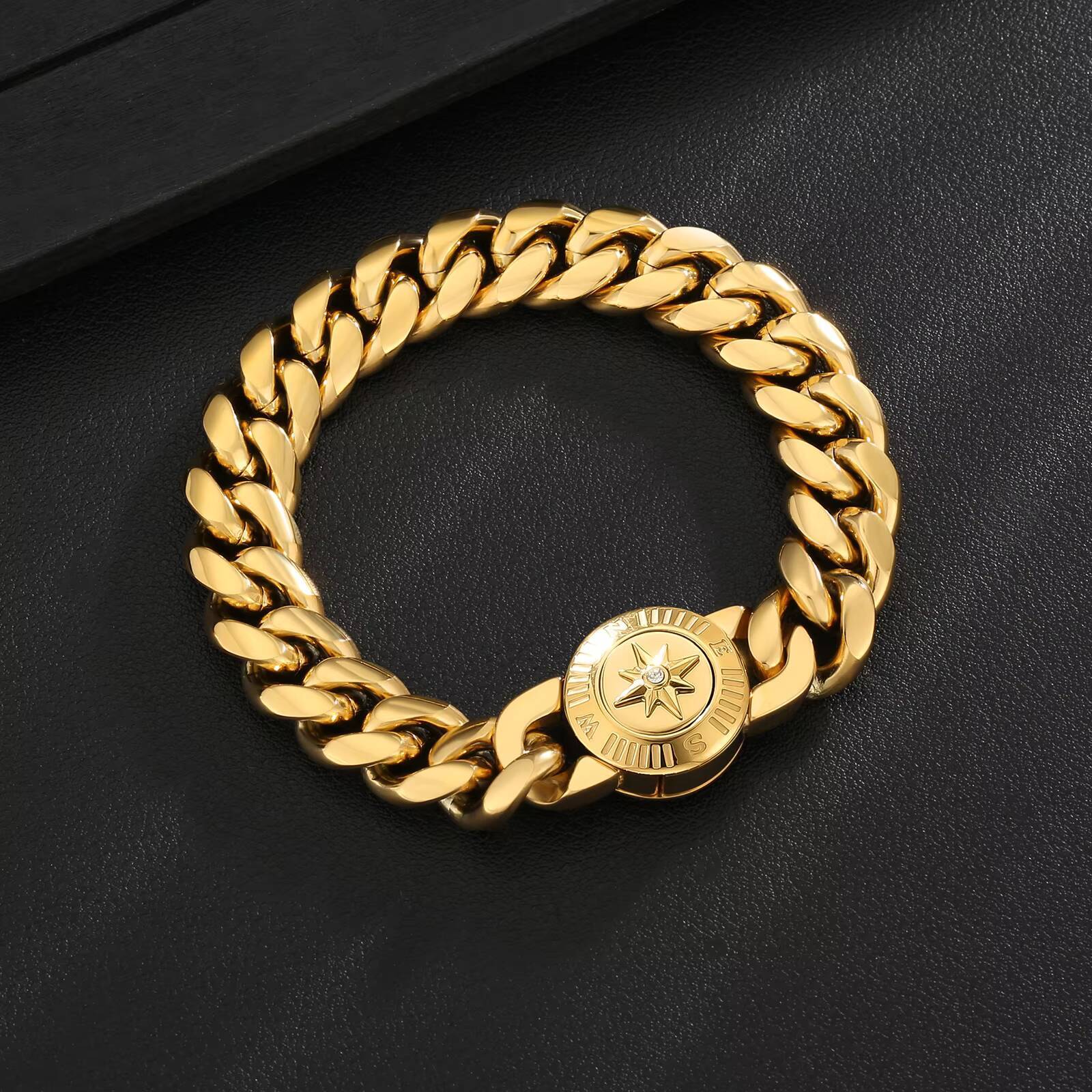 Easter Faith Gifts Cross Lion Compass Antitarnish Jewelry 18K Gold Plated Stainless Steel Mens Miami Cuban Link Chain Bracelet