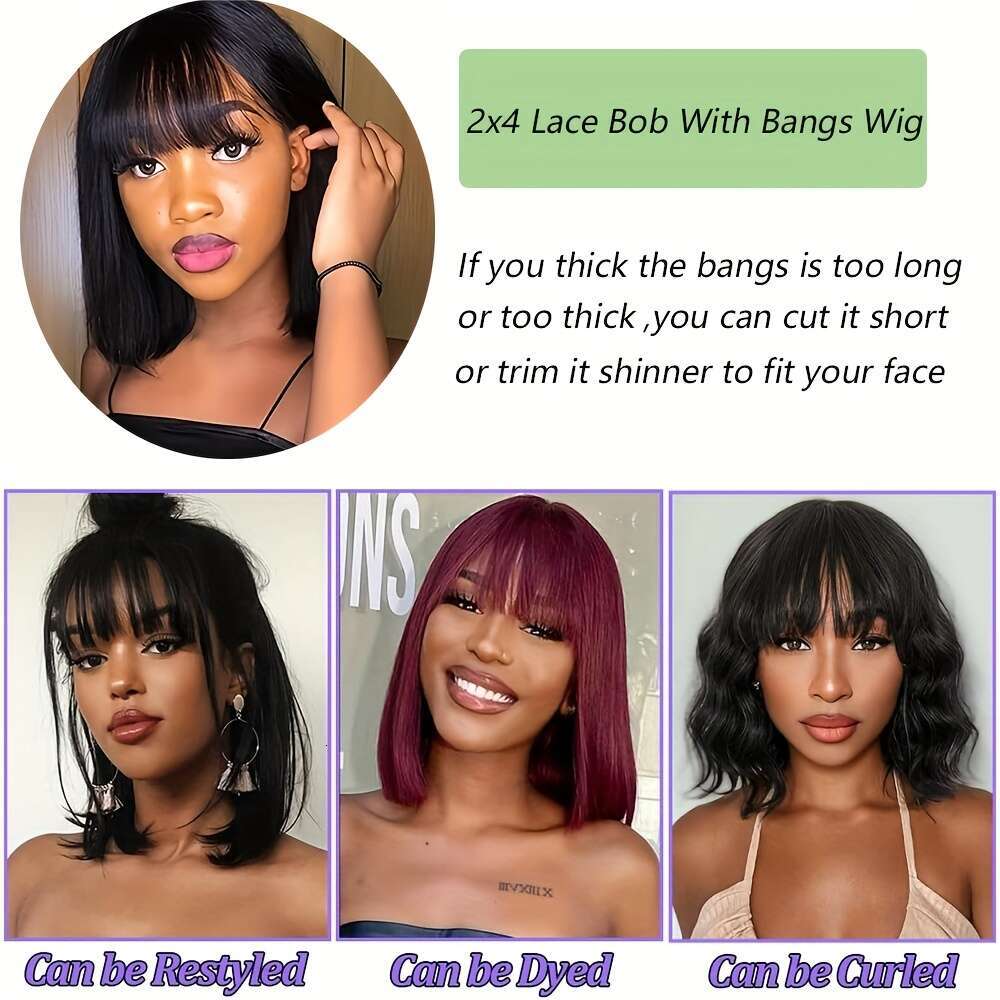 150% Density Scalp Raw Wig - Glueless HD Front Bob Cut With Bangs, 2X4 Lace For & All Ethnicities, Natural Looking Short Replacement, No Glue Needed S