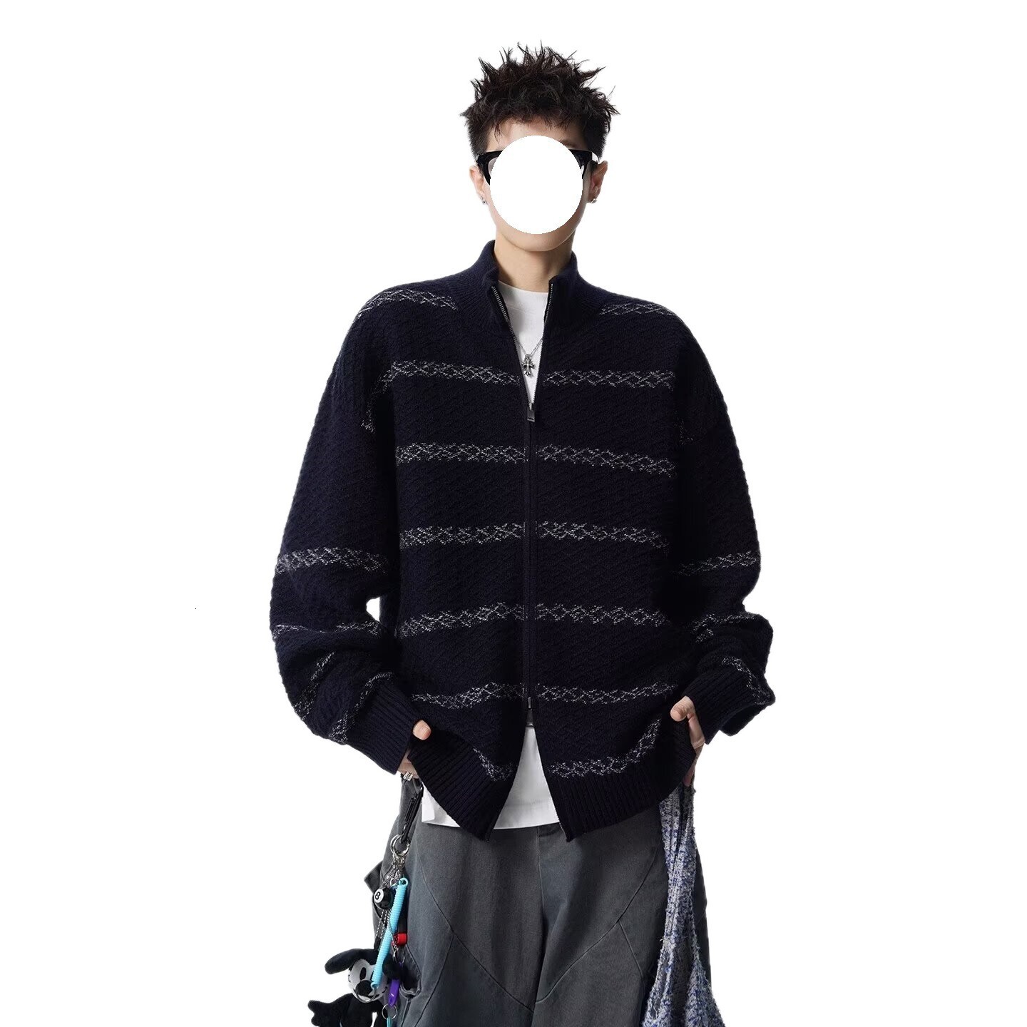 Striped Stand Collar Patchwork Knit Designer Sweater Sweater For Men Autumn American Style Loose Casual Sweater Youth Loose Cardigan Jacket