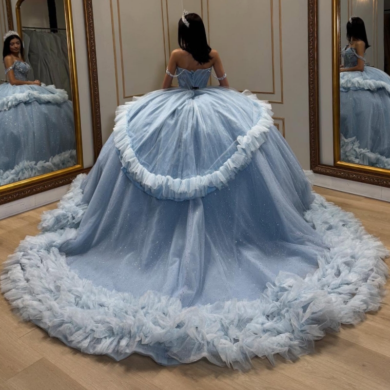 Sky Blue Shiny Quinceanera Dresses Off The Shoulder Beading Crystal Tiered Tull Party Birthday Sweet 16 Dress Vestidos 15 De Anos
