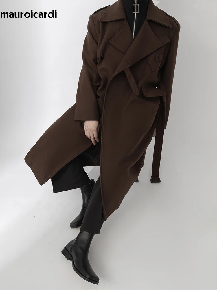 Mauroicardi Autumn Winter Cool Elegant Long Warm Black Woolen Trench Coat Men Belt Clothes Wool Blends Overcoat 251020