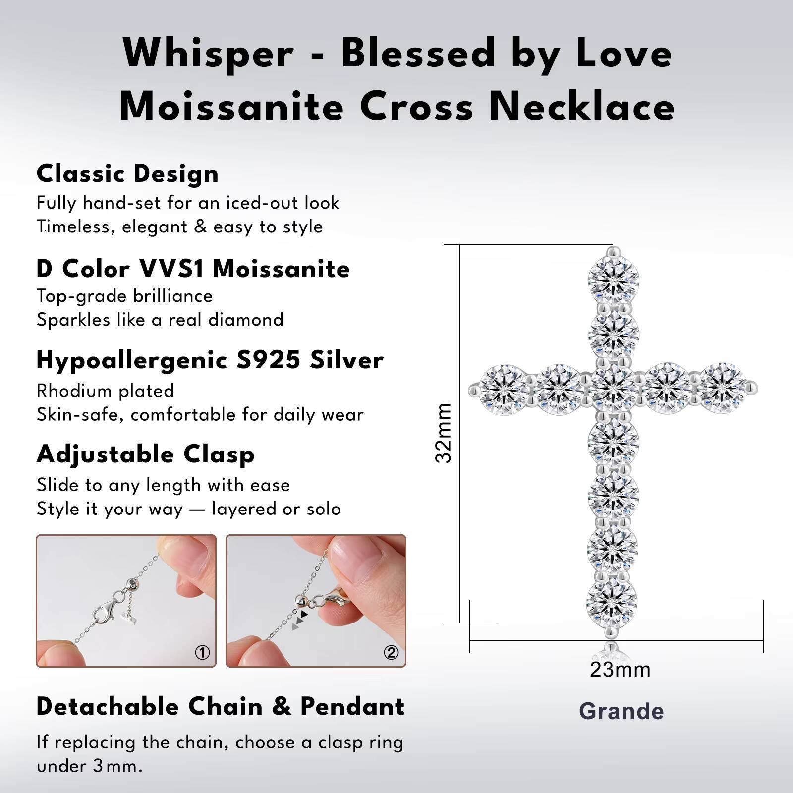 Moissanite Necklace VVS Christian Cross Pendants 14K White Gold Plated 925 Sterling Silver Religious Jewelry Gift for Men Women
