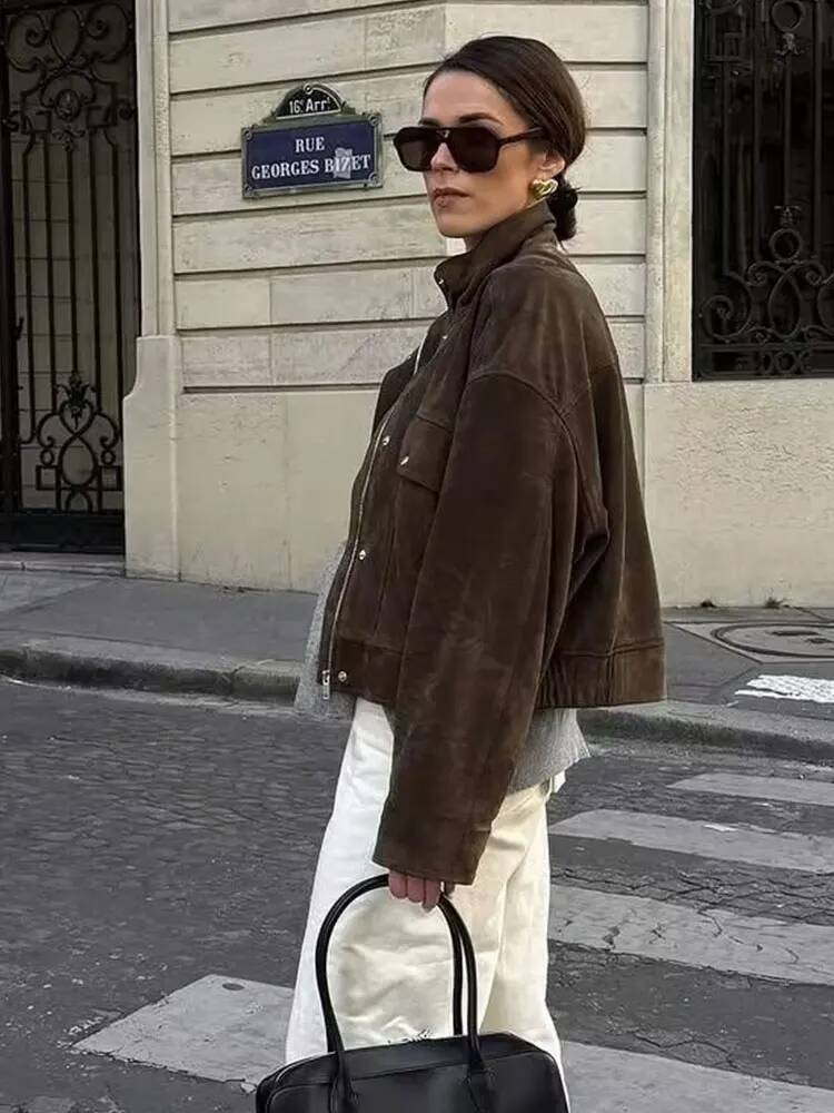 winter jacket women HH Women Vintage Solid Suede Coat Turtleneck Long Sleeve Zipper Bomber Jacket Outerwears Autumn Casual Female Streetwear