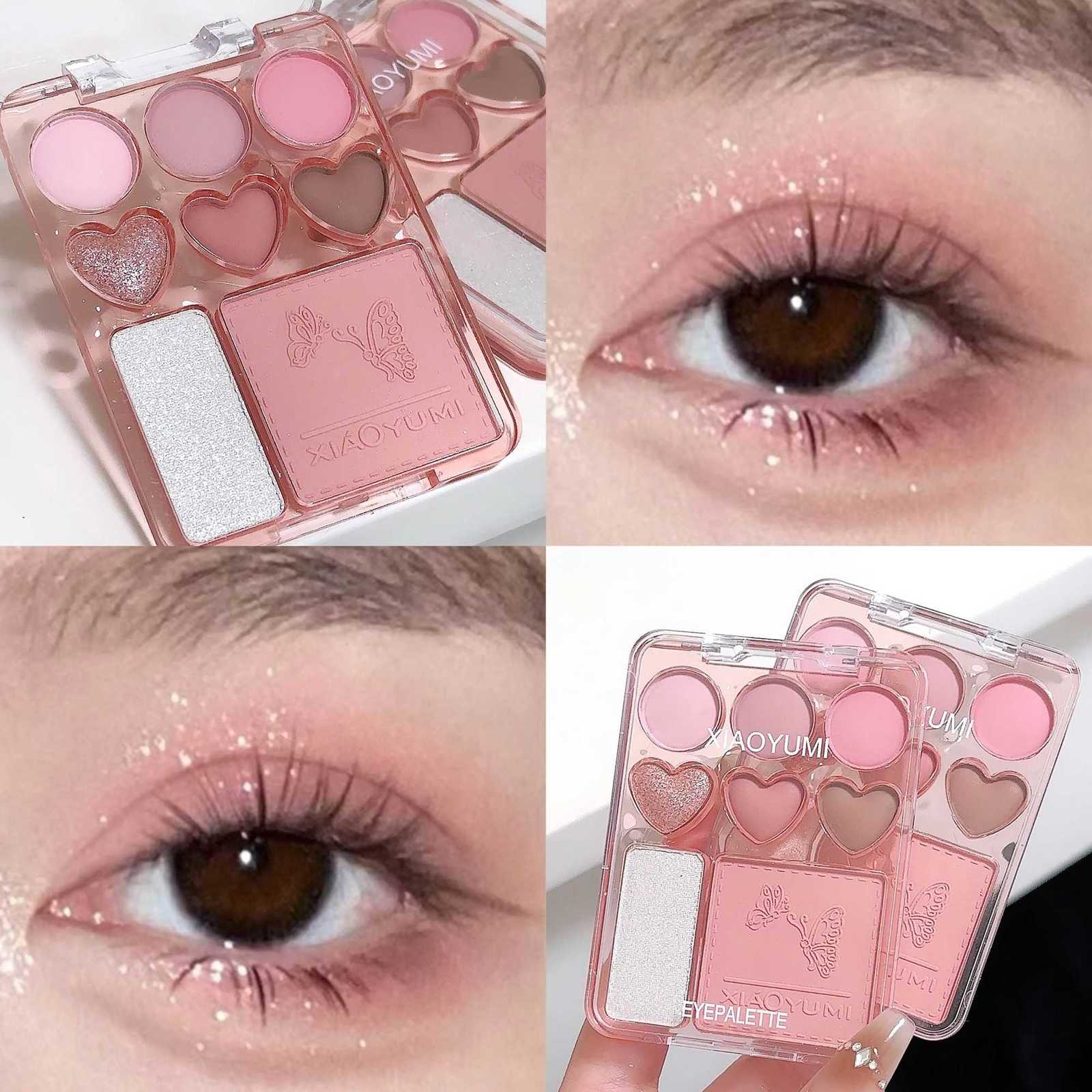 Heartshaped 8color eyeshadow tray with blush highlight matte glitter highgloss effect pink berry brown toneXJ251027