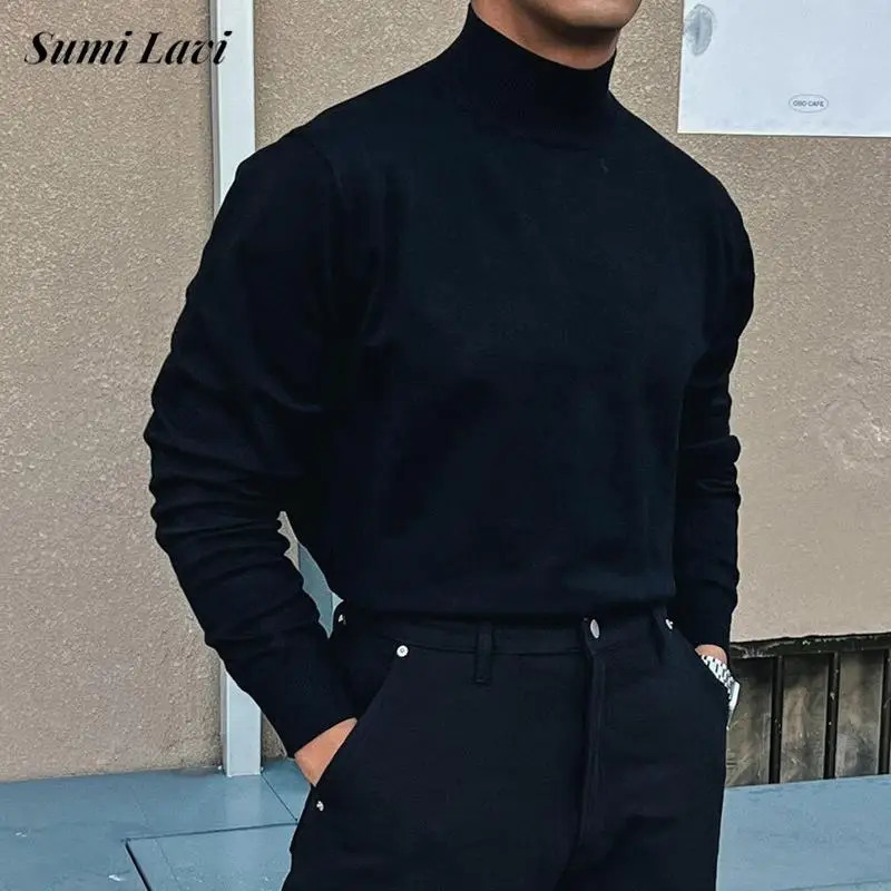 Korean Fashion Turtleneck Slim Sweaters Mens Casual Solid Color Bottoming Knit Tops Men Spring Fall Stylish Long Sleeve Sweater 251016