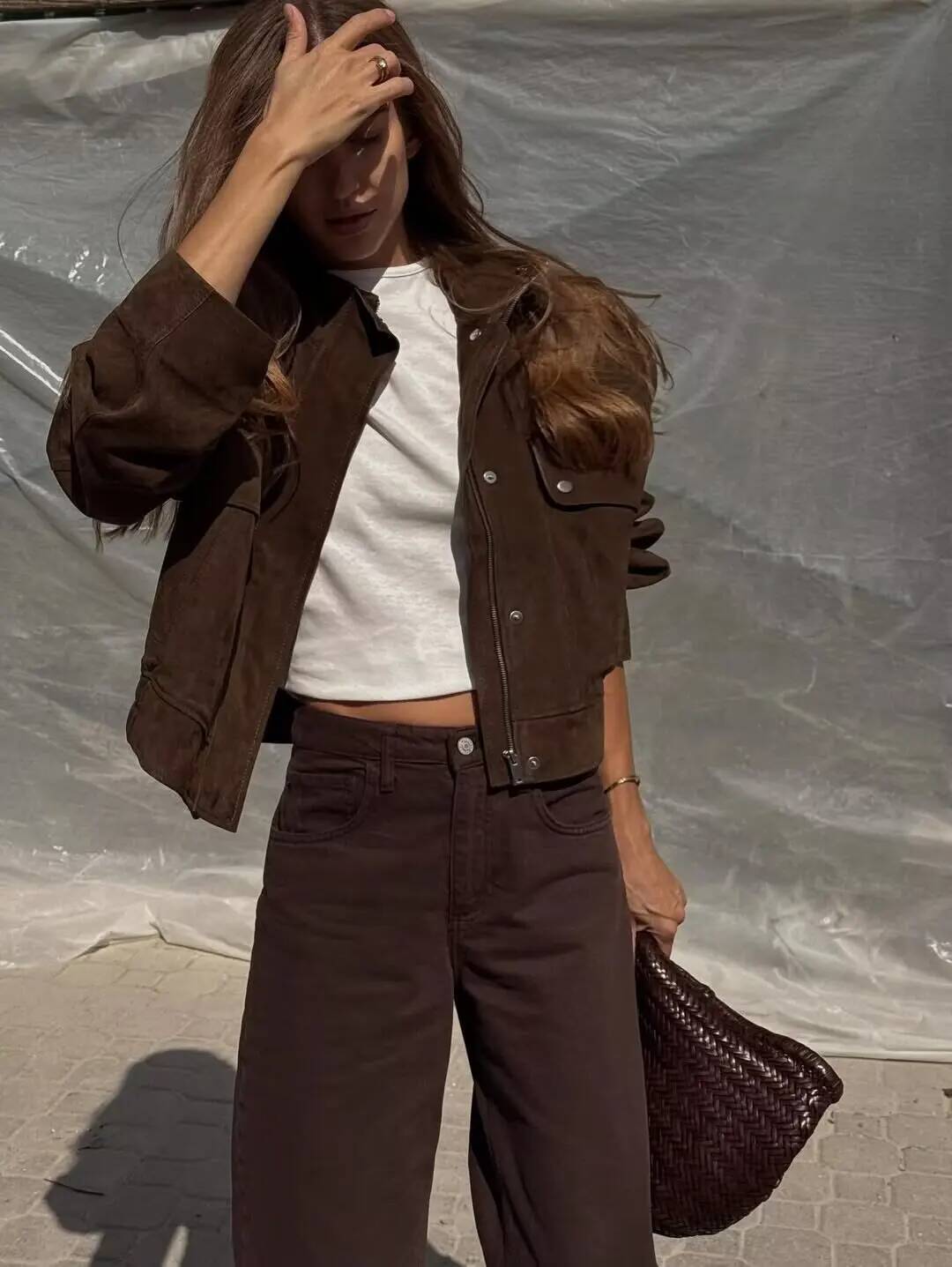 winter jacket women Tidalyf Women Faux Suede Jacket Stand Collar Long Sleeve Decorative Pocket Elastic Hem Casual Chic Autumn Coat