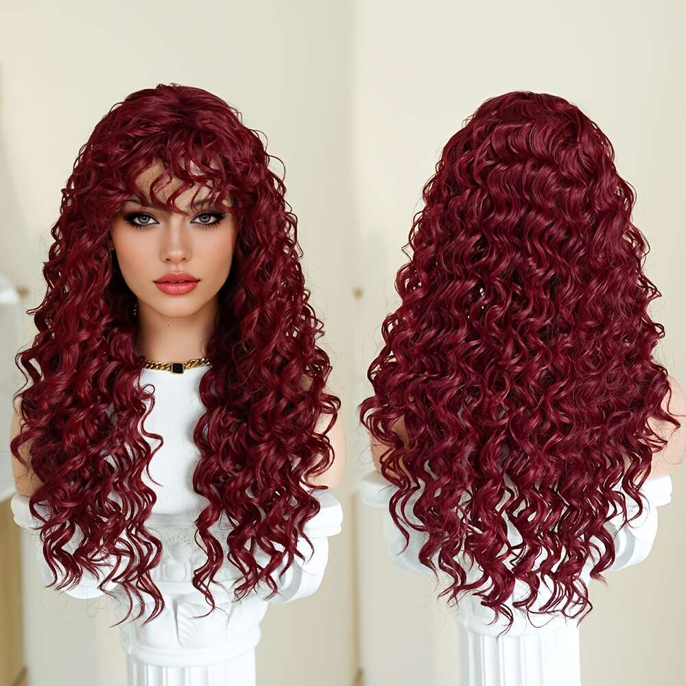 7Jhh WIGS Long Deep With Bangs Heat Resistant Synthetic Hair, Natural Look & Full Body Coverage, Women Perfect For Halloween, Parties, Everyday - Bury