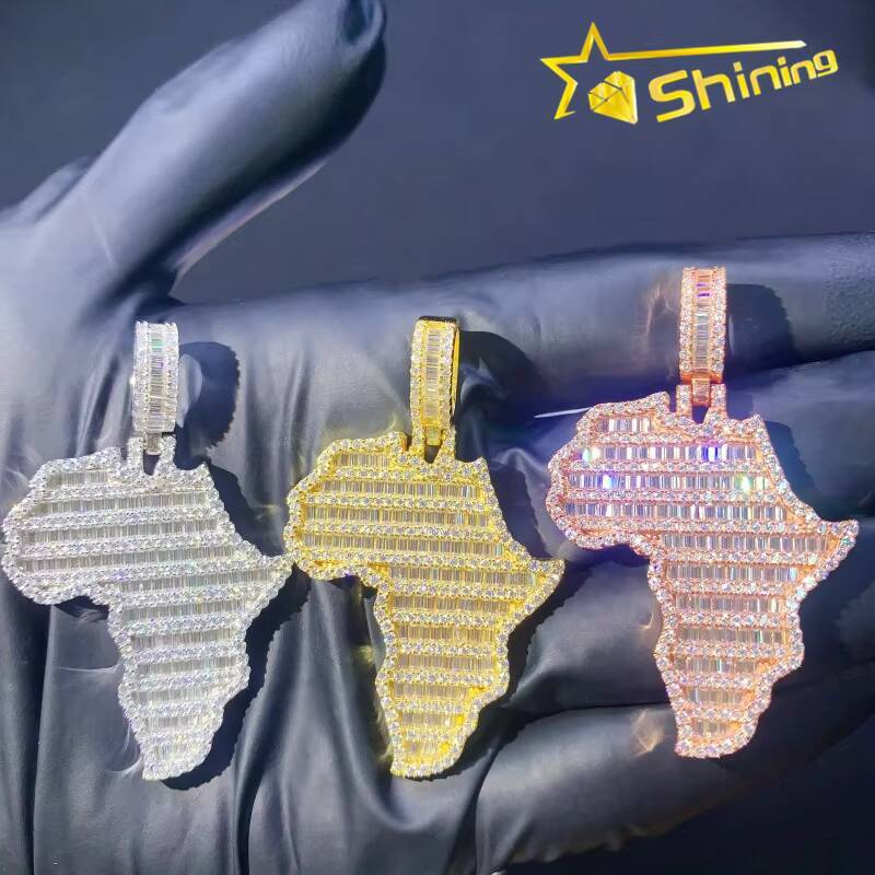 Hip Hop Map Moissanite Pendant Custom Iced Out 925 Sterling Silver VVS Moissanite Pendant Charms Necklace