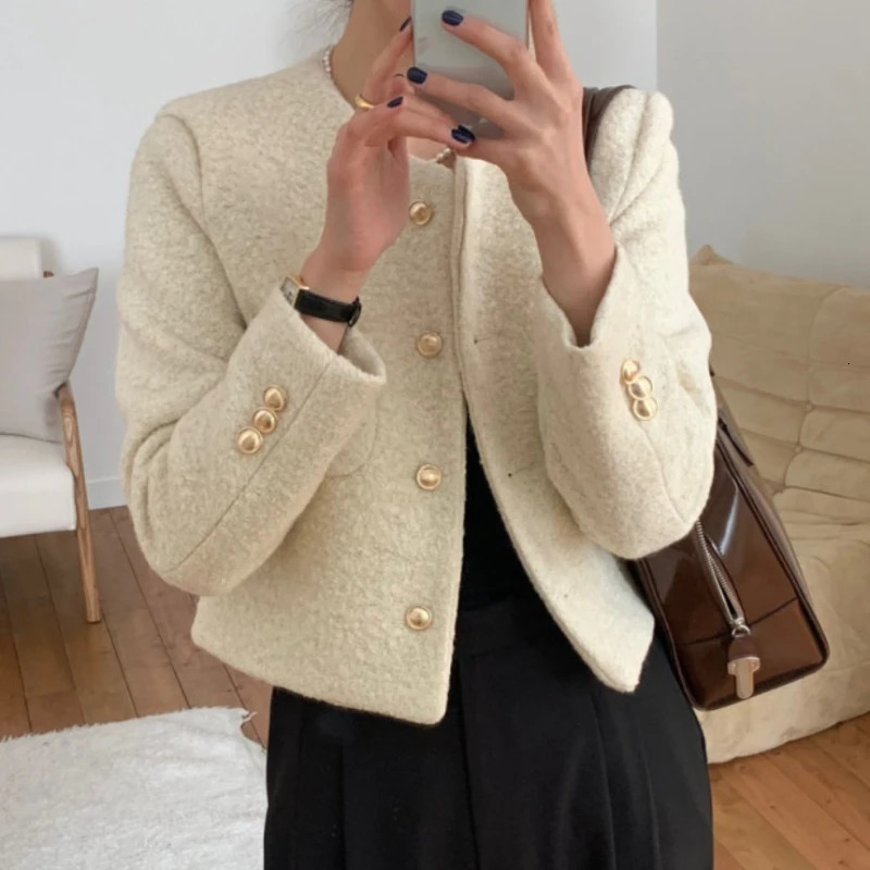 Women Autumn Winter French Vintage Coat Temperament High Quality Korean Casual Single Breasted Slim Tweed Jackets 251027